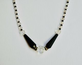 Art Deco Czech Glass Necklace Black Beads Clear Crystal Beads Vintage Choker