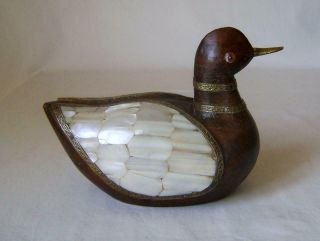 Quality Vintage Carved Wood Duck Inlaid With Brass And Mother Of Pearl 16.  5 Cm