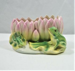Vintage Hand Painted Ceramic Pink Green Floral Lotus Frog Planter 6 " X 4 " Japan