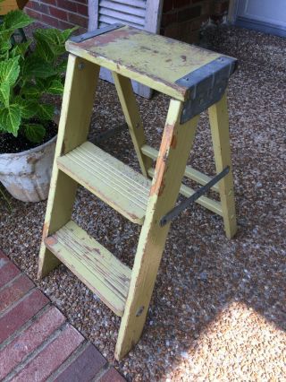 Vintage Wooden Step Ladder Old Yellow Green Paint 22 " Tall
