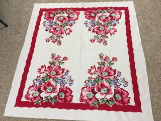 Vintage Mid Century Tablecloth Red Pink Poppies Flowers 48” X 52” Cottage Farm