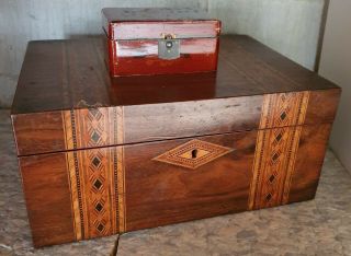 Antique Victorian Wooden Writing Box Dated 1885 Lock Inlaid Dec Ink Bottle