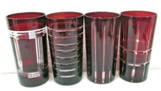Vintage Mcm Bohemian Czech Glass? 4 Ruby Red Cut To Clear Water Martini Glasses