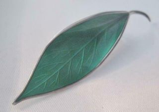 Vintage Signed David Anderson Norway Sterling Silver Green Enamel Leaf Brooch