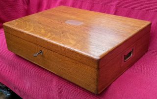 Antique Vintage,  Solid Oak Cutlery Box With Tray And Key.