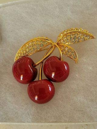 Vintage Joan Rivers Gold - Tone Red Cherries Brooch Pin W/pave Crystals,  2.  5 "