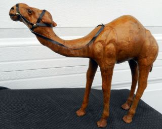 Large Vintage Camel Egypt Brown Leather Wrapped W Reins Bridle Statue Figurine