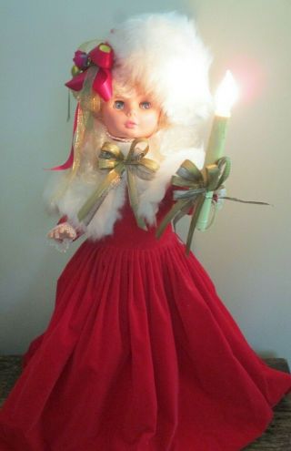 Vintage Rennoc 26 " Animated Lighted Girl Christmas Figure Red Dress W/ Faux Fur