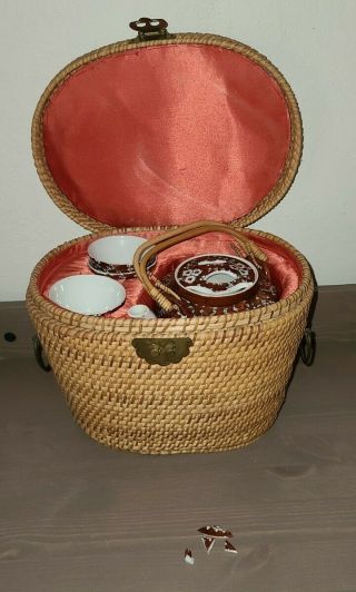 Vintage Porcelain Travel Tea Set In A Wicker Basket Hand Painted Canton Ware.