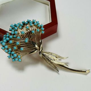 Vintage Jewellery Signed Crown Trifari Turquoise Gold Plated Spray Brooch/pin