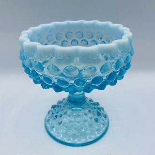 Vintage Fenton Aqua Blue Opalescent Hobnail Glass Ruffle Compote Candy Dish