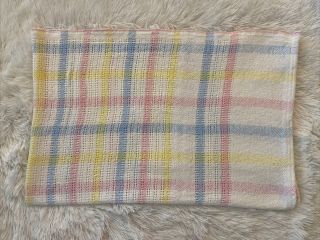 Vintage Pastel Plaid Baby Blanket Woven Striped Blue Yellow Pink 100 Cotton Usa