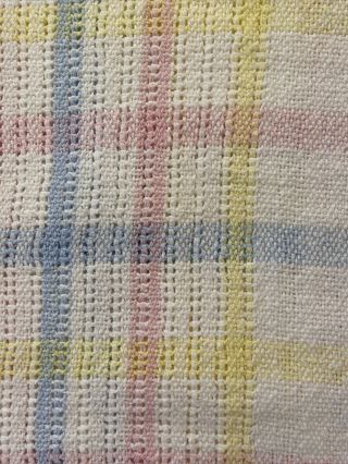 Vintage Pastel Plaid Baby Blanket Woven Striped Blue Yellow Pink 100 cotton USA 3