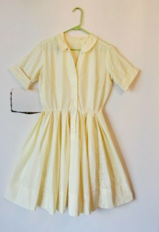 Vtg 1950s 1960s Pale Yellow Shirt Dress Full Swing Skirt Button Down