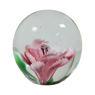 Vintage Hand - Blown Clear Glass Paperweight Pink Peony Green Leaves Flower Orb 3 "