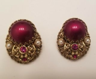 Vintage Signed West Germany Purple Glass Faux Pearl Rhinestone Clip On Earrings