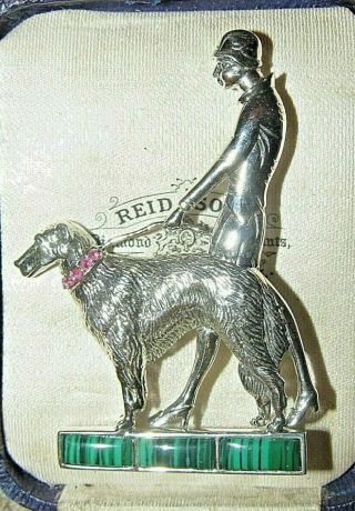 Large Sterling Silver Lady & Dog Malachite Garnet Vintage Art Deco Brooch Pin