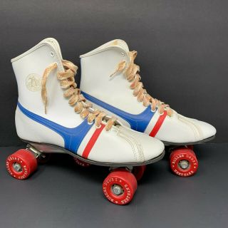 Vintage Official Roller Derby Fireball Skates Red White Blue Leather Size 8 Euc