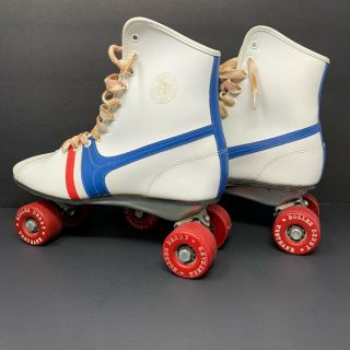 Vintage Official Roller Derby Fireball Skates Red White Blue Leather Size 8 EUC 3