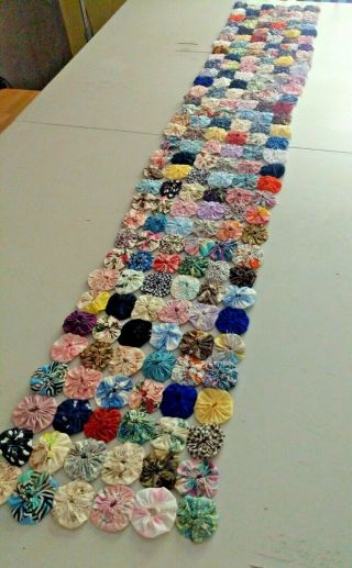 Vintage Yoyo Quilt Top Table Runner Foot Of Bed Colorful Fabrics 50s 60s 12x68