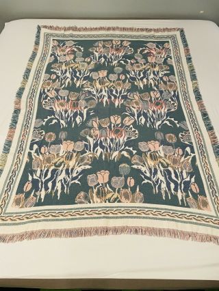 Vintage Goodwin Weavers Woven Tapestry Throw Blanket 66x46 Flower Green Yellow