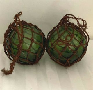 Two Nautical Vintage Rope Fishing Buoys Hand Blown Green Glass Float Ball in Net 2