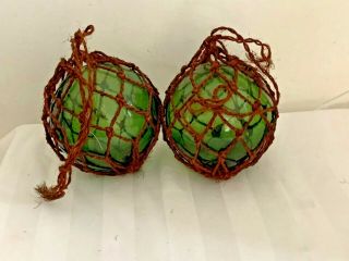 Two Nautical Vintage Rope Fishing Buoys Hand Blown Green Glass Float Ball in Net 3