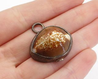 925 Sterling Silver - Vintage Coffee Bean Cowrie Sea Shell Drop Pendant - Pt2898