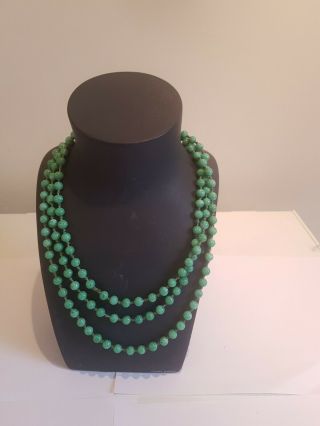 Vintage Czech Art Deco Green Peking Glass Beaded Long Flapper Necklace