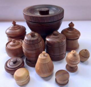 12 Vintage Handcrafted Miniature Wood Turned Pots,  Jars With Lids