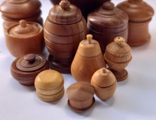 12 vintage handcrafted miniature wood turned pots,  jars with lids 2