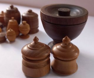 12 vintage handcrafted miniature wood turned pots,  jars with lids 3