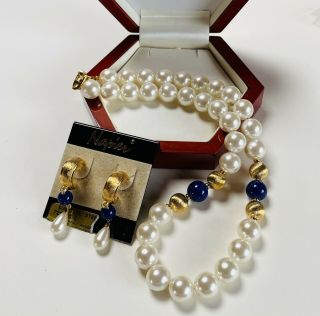 Vintage Jewellery Signed Napier Pearl/lapis Gold Plated Necklace/earrings Set