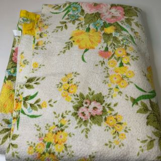 Vintage Acrylic Thermal Blanket Pink Floral Yellow Nylon Satin Trim Full 70x82