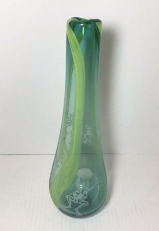 Vintage Large Firefly Edwinstowe Green Glass Vase,  With Etched Frog Decoration
