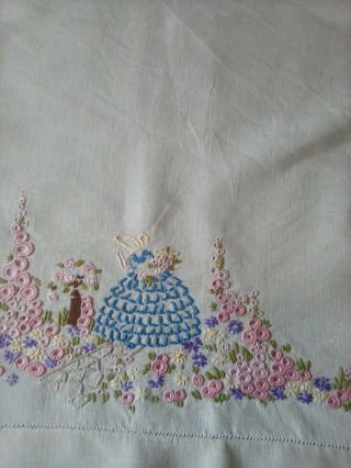 Vintage Linen Setee Cover Hand Embroidered With Crinoline Ladies