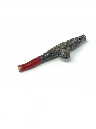 Antique Victorian Solid Silver Coral Baby Rattle Handle 9.  3g 134