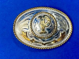 Vintage Western Letter Initial P Mixed Metal Belt Buckle Made In Alpaca Mexico