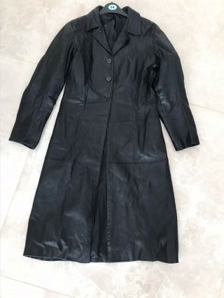 Ladies Vintage Long Black Leather Italian Coat/jacket - Size 10