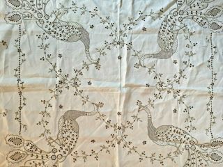 Vintage Madeira Tablecloth Peacocks Hand Embroidered Fine Detailed Work