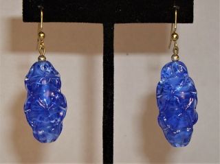 Vintage Czech Bohemian Lava Art Glass Cobalt Blue Pierced Oblong Dangle Earrings