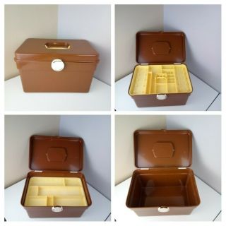 Vintage - 60s 70s Brown Cream Sewing Fabric Textiles Box Case Handle Plastic