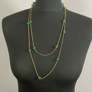 Vintage Art Deco Green Glass Bead Necklace Gold Tone Brass Flapper Length Czech?