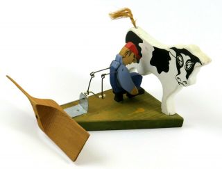 Vintage Hand Crafted Painted Wood Folk Art Whirligig,  Farmer Milking A Cow,  1978