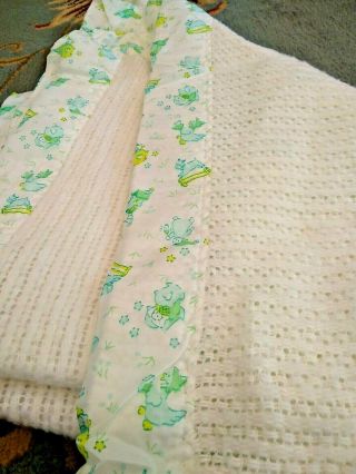 Vintage White Satin Trim Baby Blanket Thermal Waffle Weave Acrylic No Tag