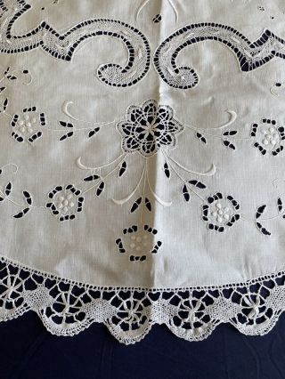 Vintage Circular Hand Embroidered White Bobbin Lace Edged Irish Linen Tablecloth