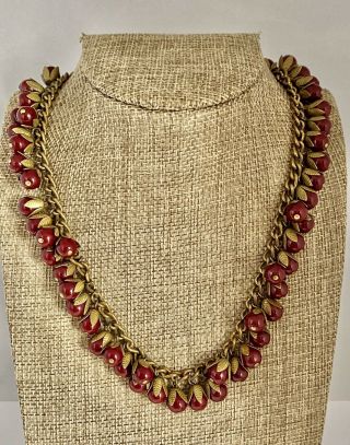 Vintage Dark Gold Tone Chain Necklace Glass Berry Bead Dangles W/ Leaf - Like Caps