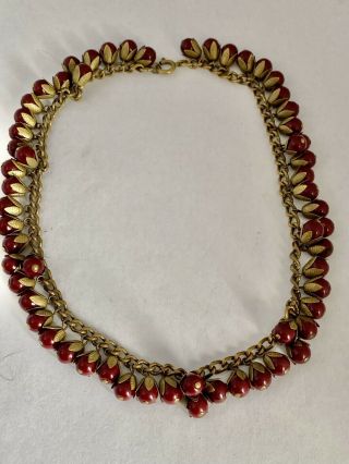 Vintage Dark Gold Tone Chain Necklace Glass Berry Bead Dangles W/ Leaf - like Caps 2