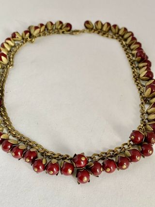 Vintage Dark Gold Tone Chain Necklace Glass Berry Bead Dangles W/ Leaf - like Caps 3