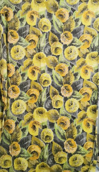 Vintage 1950s Abstract Roses & Leaves Print Cotton Barkcloth Length